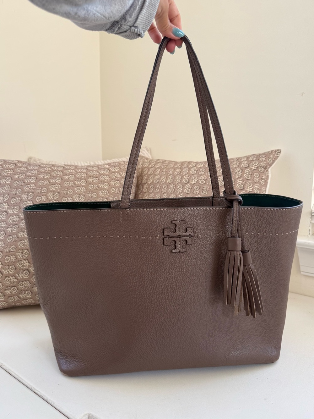 Tory Burch McGraw Tote Silver Maple Green Interior Leather Tote with Tassel